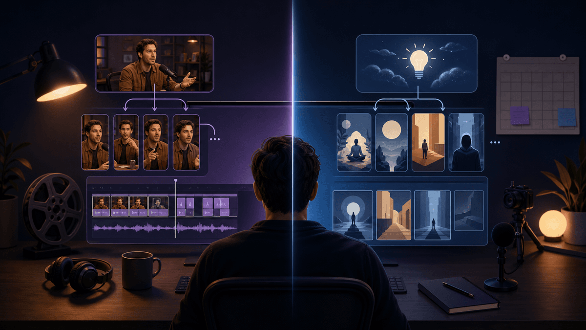 Editorial image comparing an AI clipping workflow with a faceless prompt-to-video shorts workflow