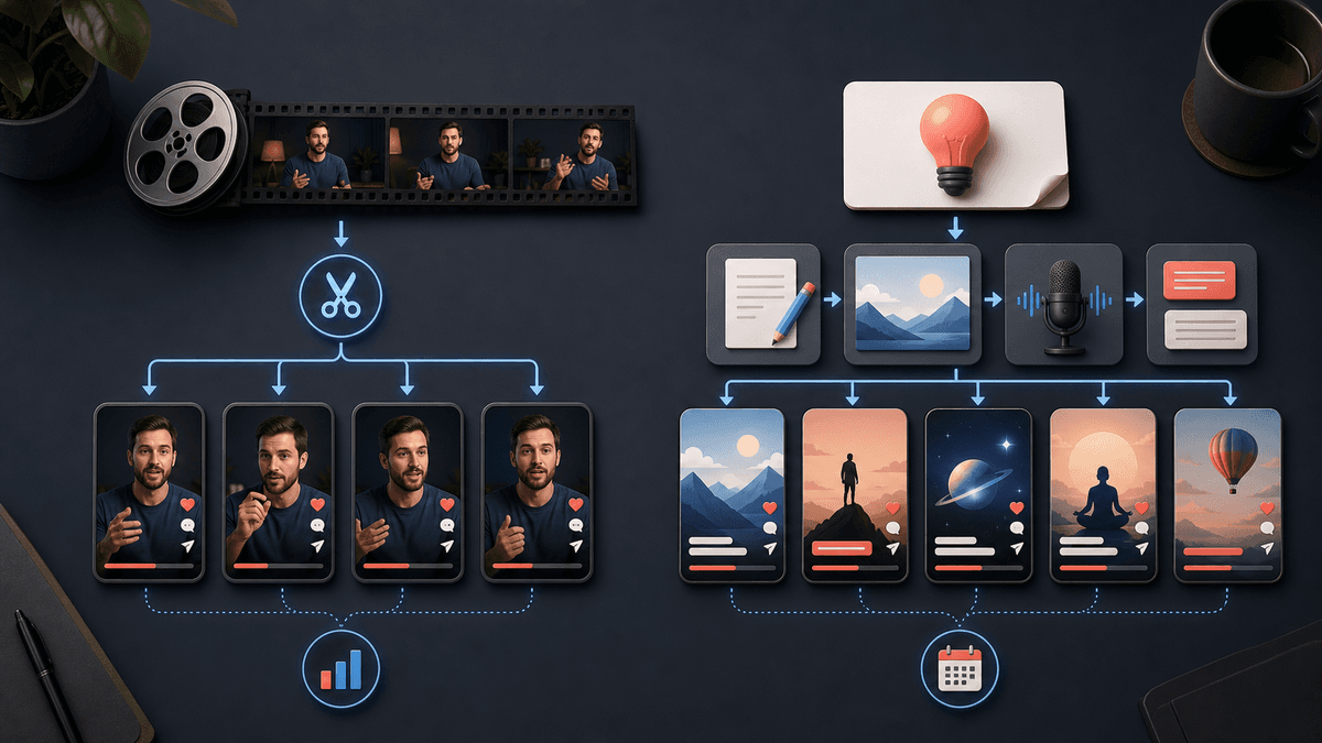 Workflow visual comparing long video clipping with prompt-based faceless short video creation