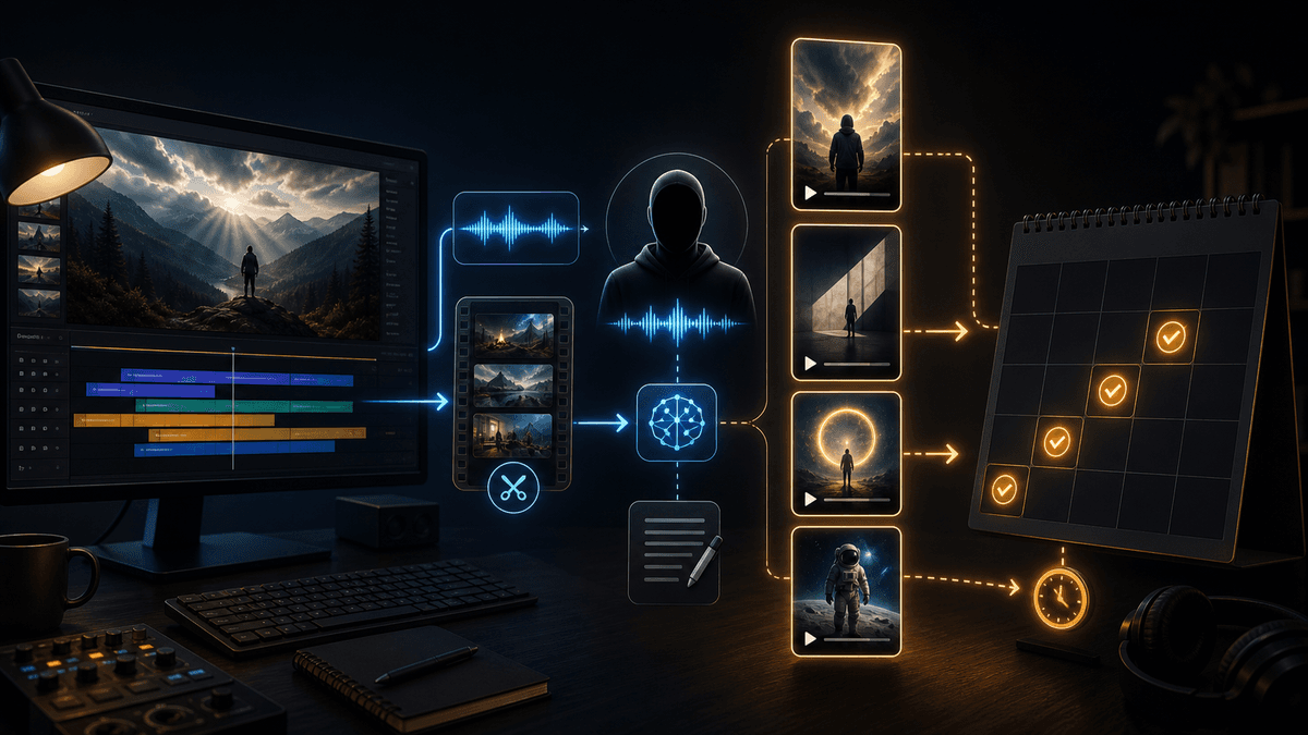 Editorial illustration showing long video clipping beside a faceless AI video creation and scheduling workflow