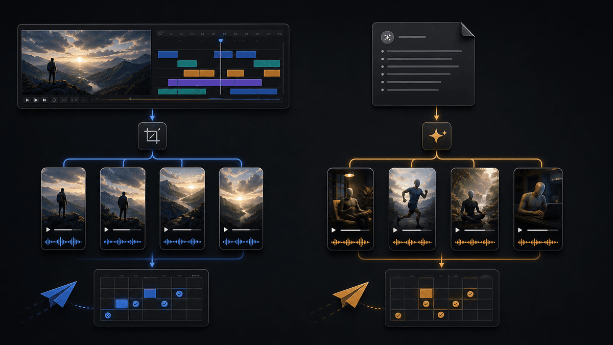 Workflow illustration comparing long-video clipping with prompt-based faceless video creation and scheduling