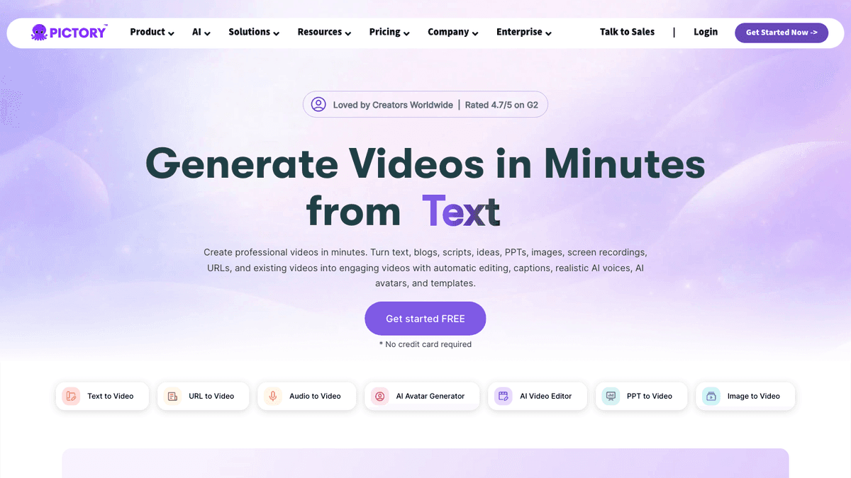 Pictory homepage showing text to video creation workflows for scripts blogs images and existing videos