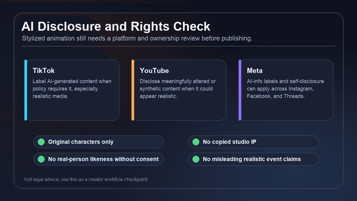 Source-backed visual summarizing AI disclosure and rights checks for TikTok, YouTube, Meta, original characters, copied IP, and realistic event claims