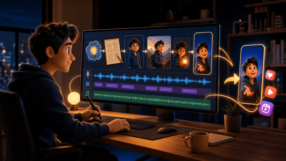 Generated editorial image showing a creator turning an original animated story into a vertical short video with voiceover, captions, music, and scheduled publishing