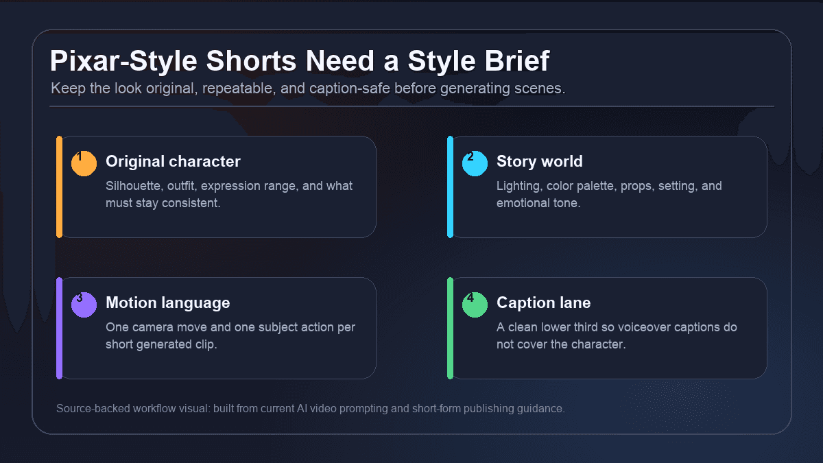 Source-backed visual showing a Pixar-style animated Shorts style brief with original character rules, story world, motion language, and caption-safe framing