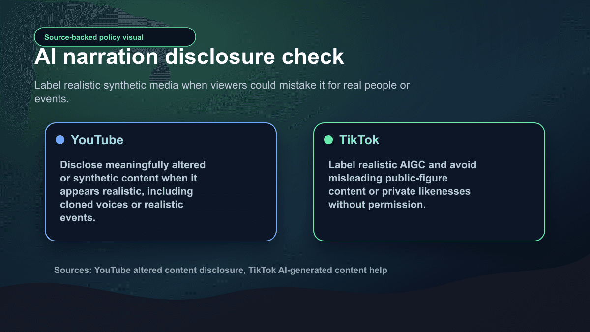 Source-backed visual comparing YouTube and TikTok AI narration disclosure checks for realistic synthetic story videos