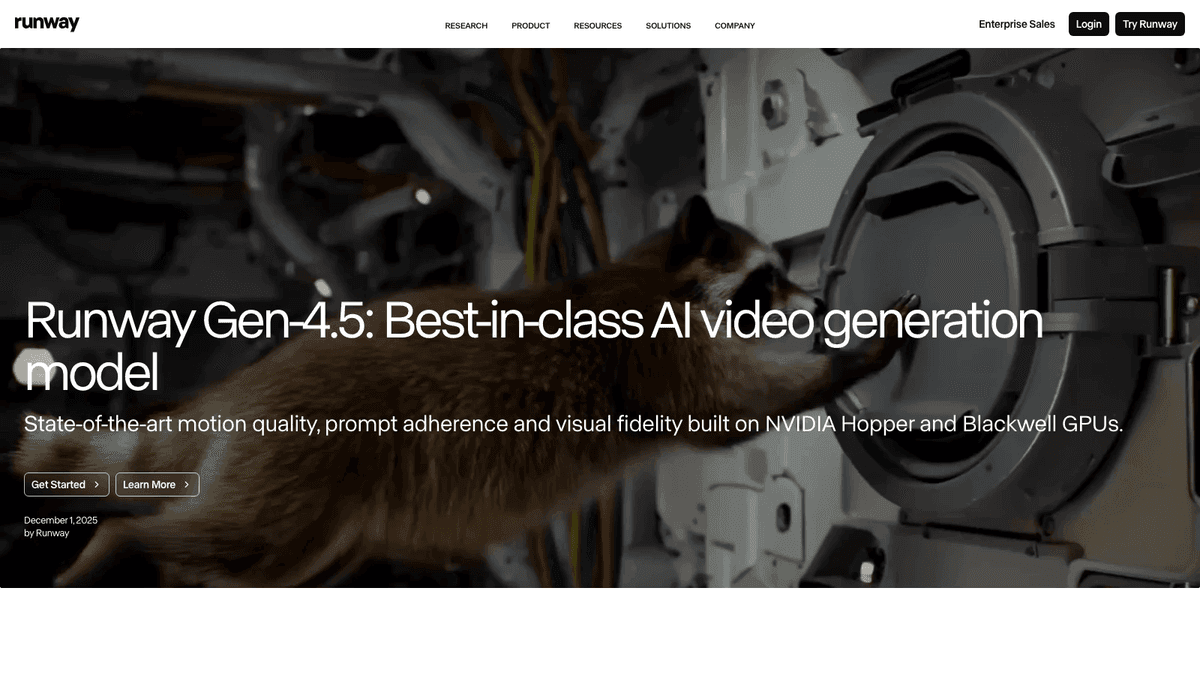 Runway Gen-4.5 research page showing its AI video generation model positioning