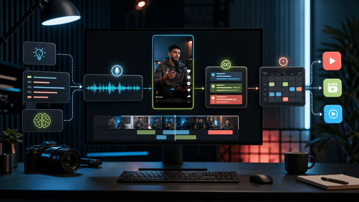 Editorial image showing an AI shorts workflow moving from idea and voiceover to captions, editing, and scheduled vertical videos