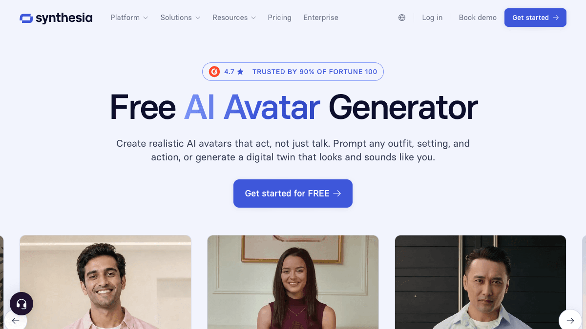 Synthesia AI avatar page showing realistic avatar examples and the Free AI Avatar Generator headline