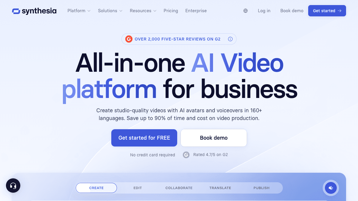 Synthesia homepage positioning the product as an all-in-one AI video platform for business