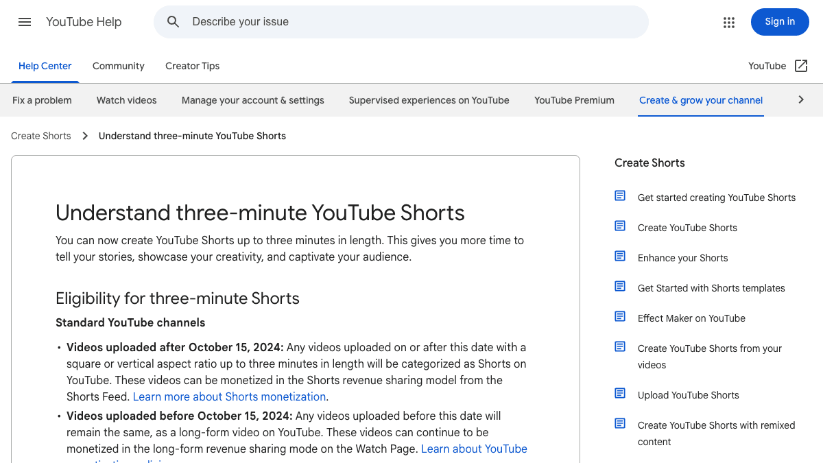 YouTube Help page explaining eligibility for three-minute YouTube Shorts and vertical or square aspect ratio
