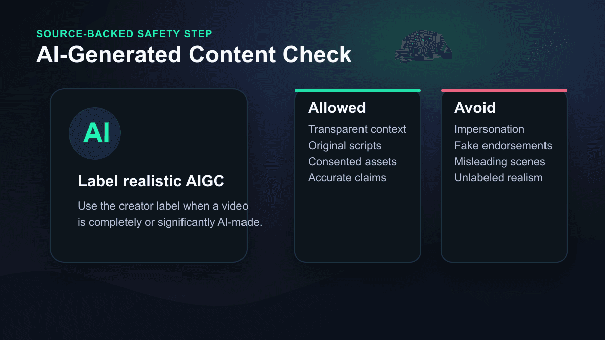 Source-backed visual showing AI-generated video disclosure checks for TikTok and YouTube before publishing