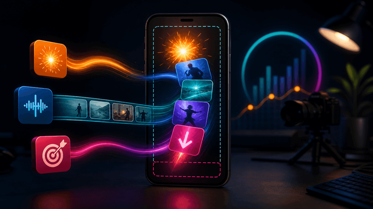 Source-backed visual showing TikTok-first short video structure with hook, body, close, vertical framing, and safe caption space