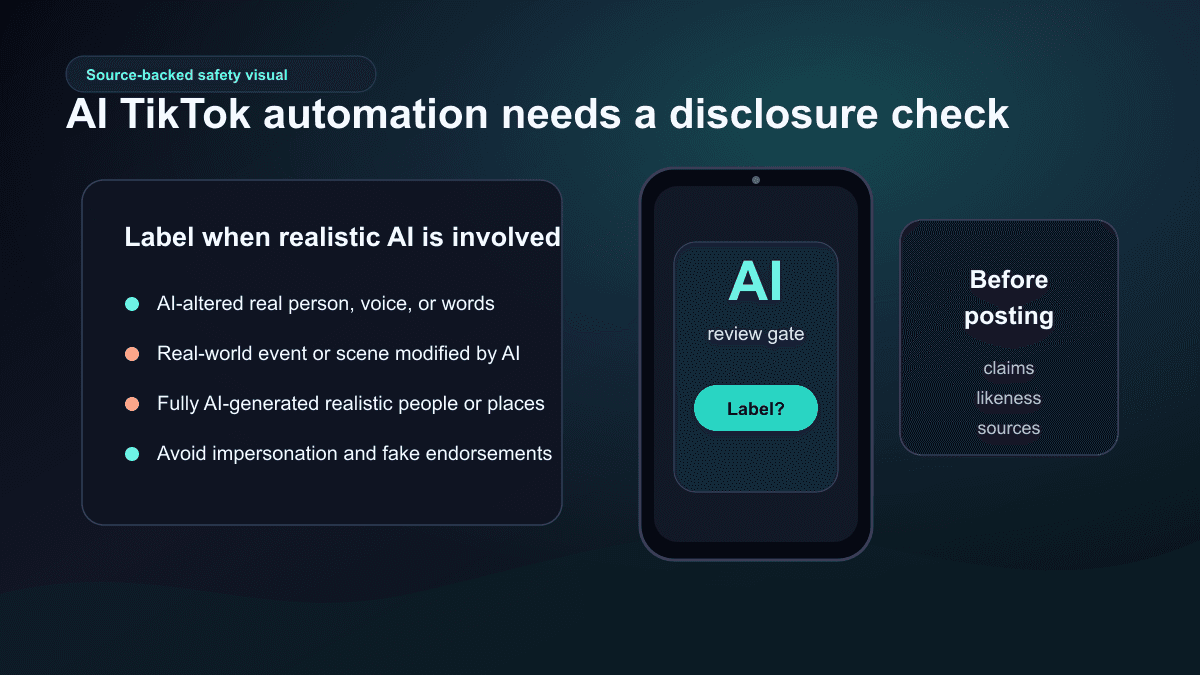 Source-backed visual showing AI-generated content labeling checks for realistic AI TikTok videos before automated posting