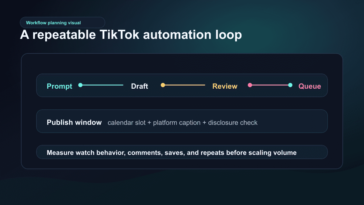 Workflow visual showing a repeatable TikTok automation loop from prompt to draft to review to queued publishing and measurement