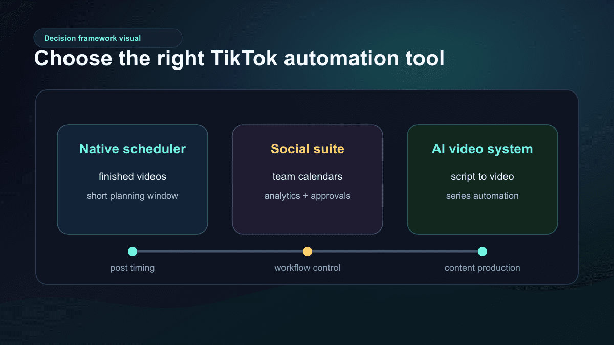 Decision framework visual comparing native TikTok schedulers, social media suites, and AI video systems for TikTok automation