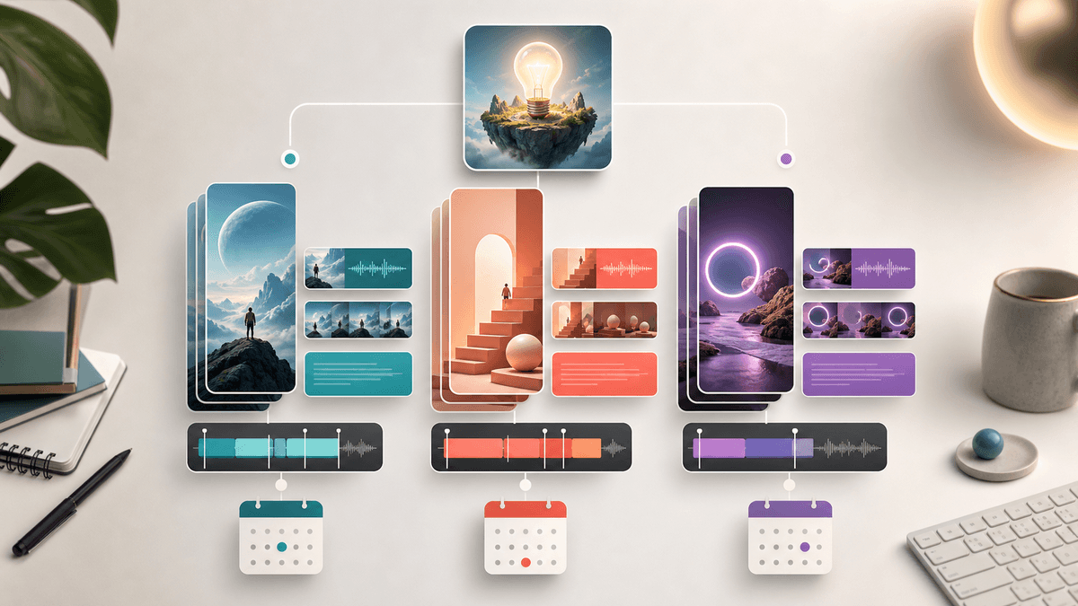 Generated visual showing one short-form video idea branching into TikTok, YouTube Shorts, and Instagram Reels adaptations