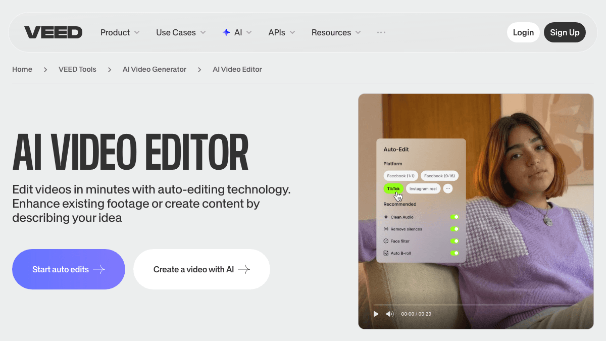 VEED AI video editor page showing auto-edit controls for platform format, clean audio, silence removal, face filter, and AI B-roll