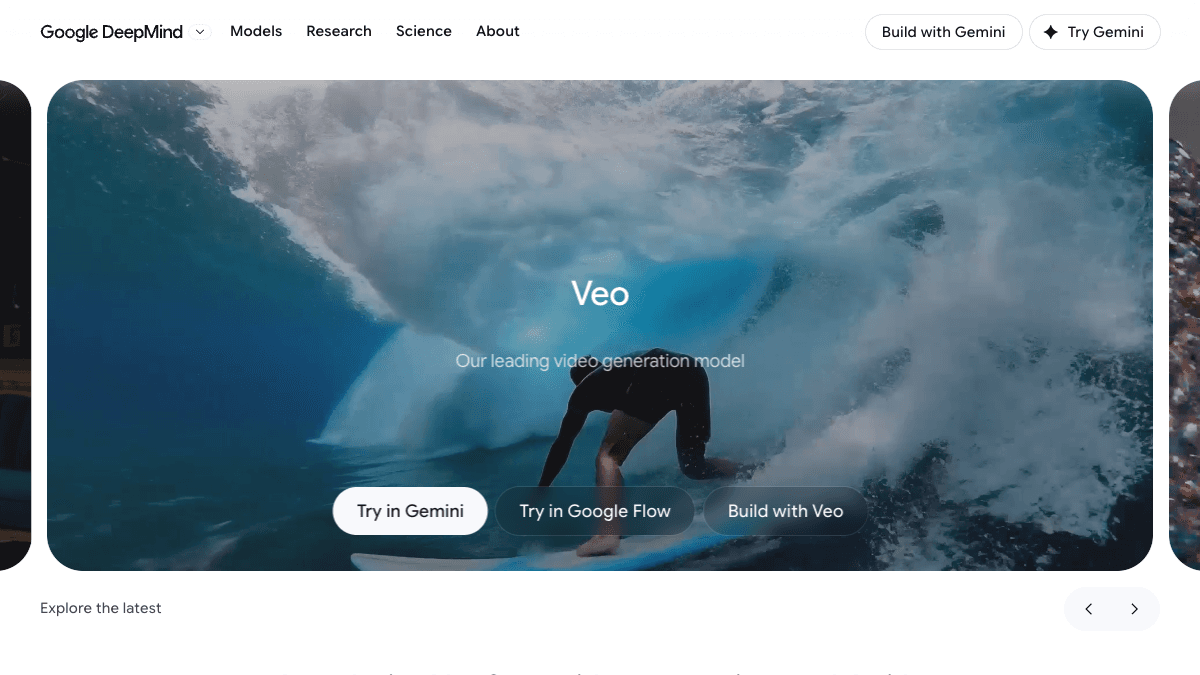 Google DeepMind Veo page showing the video generation model and access options