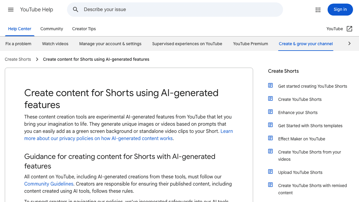 YouTube Help page explaining AI-generated Shorts features and creator review guidance