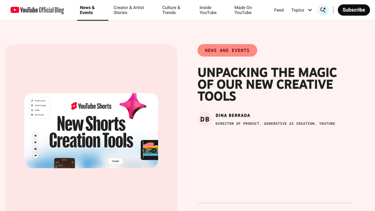 YouTube Official Blog article announcing Veo 3 Fast and new Shorts creation tools