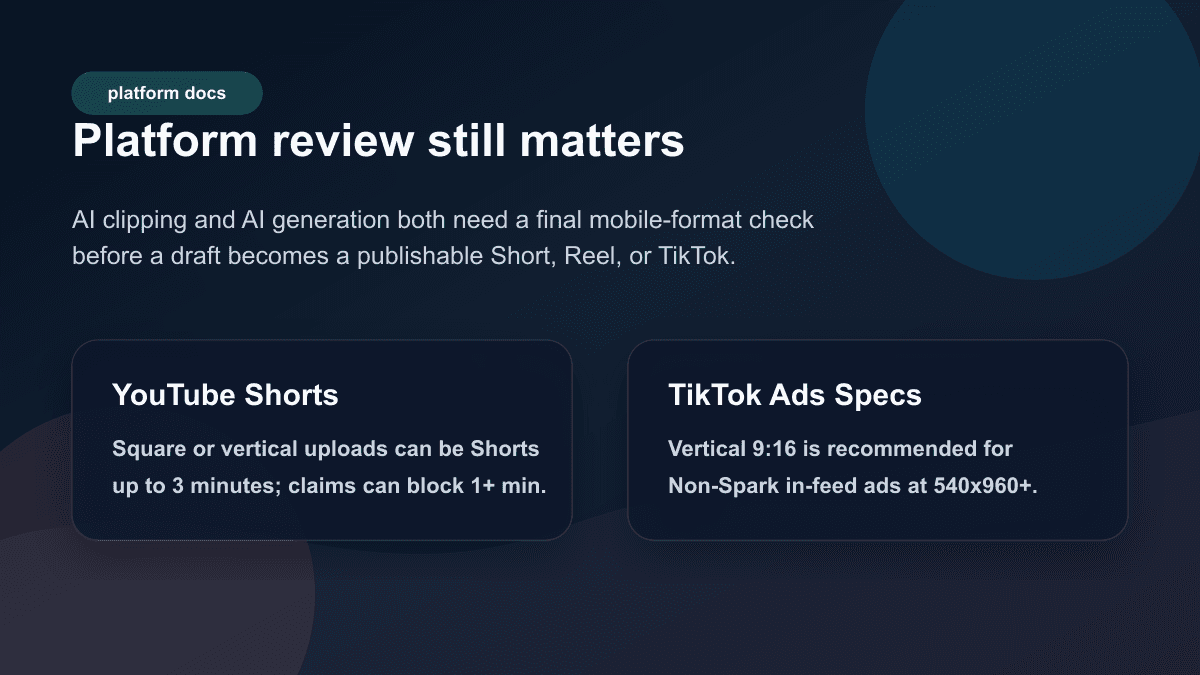 Source-backed platform review visual for YouTube Shorts length and TikTok vertical video specifications
