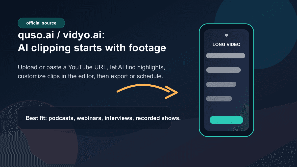 Source-backed visual summarizing quso.ai and vidyo.ai AI clipping workflow from uploaded footage to scheduled clips