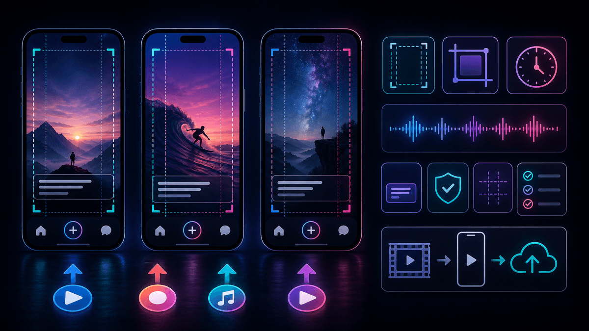 Source-linked visual showing vertical video review checks for safe zones, captions, audio, aspect ratio, and upload readiness