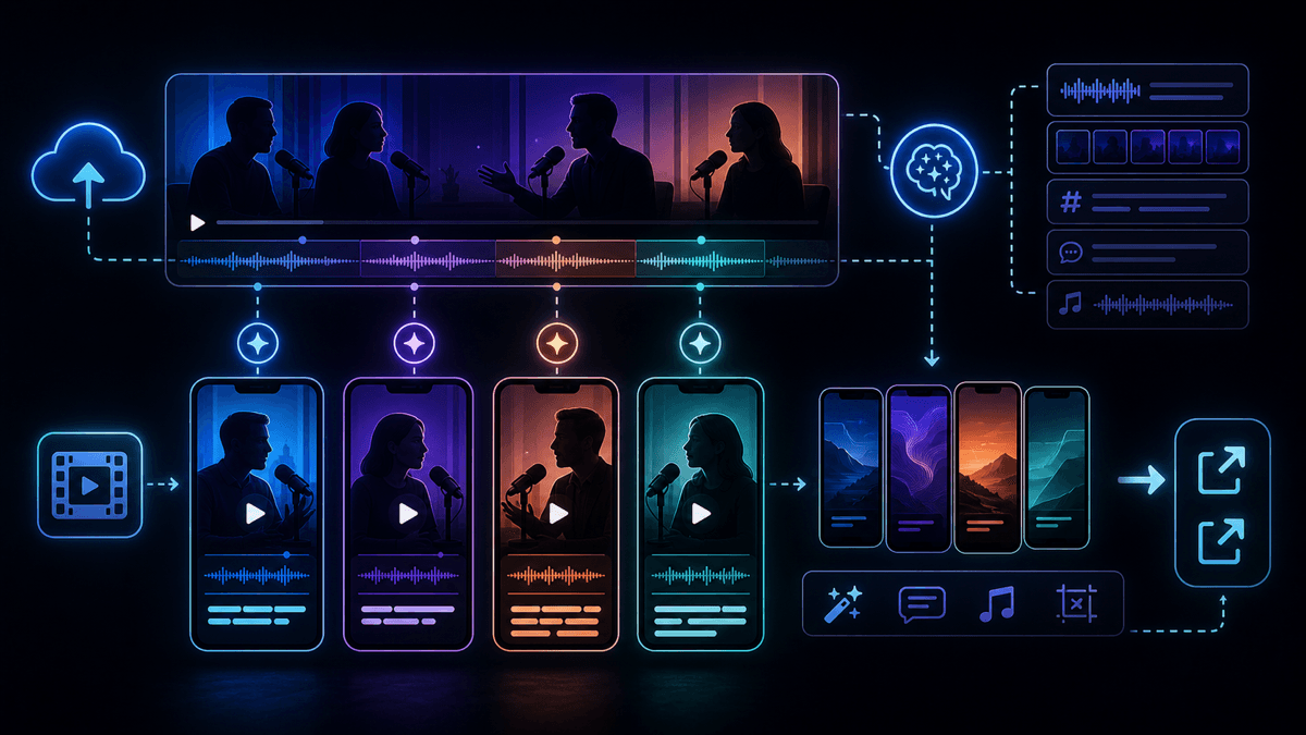 Source-linked visual showing a long video repurposing workflow with AI highlight extraction, vertical clips, captions, and exports
