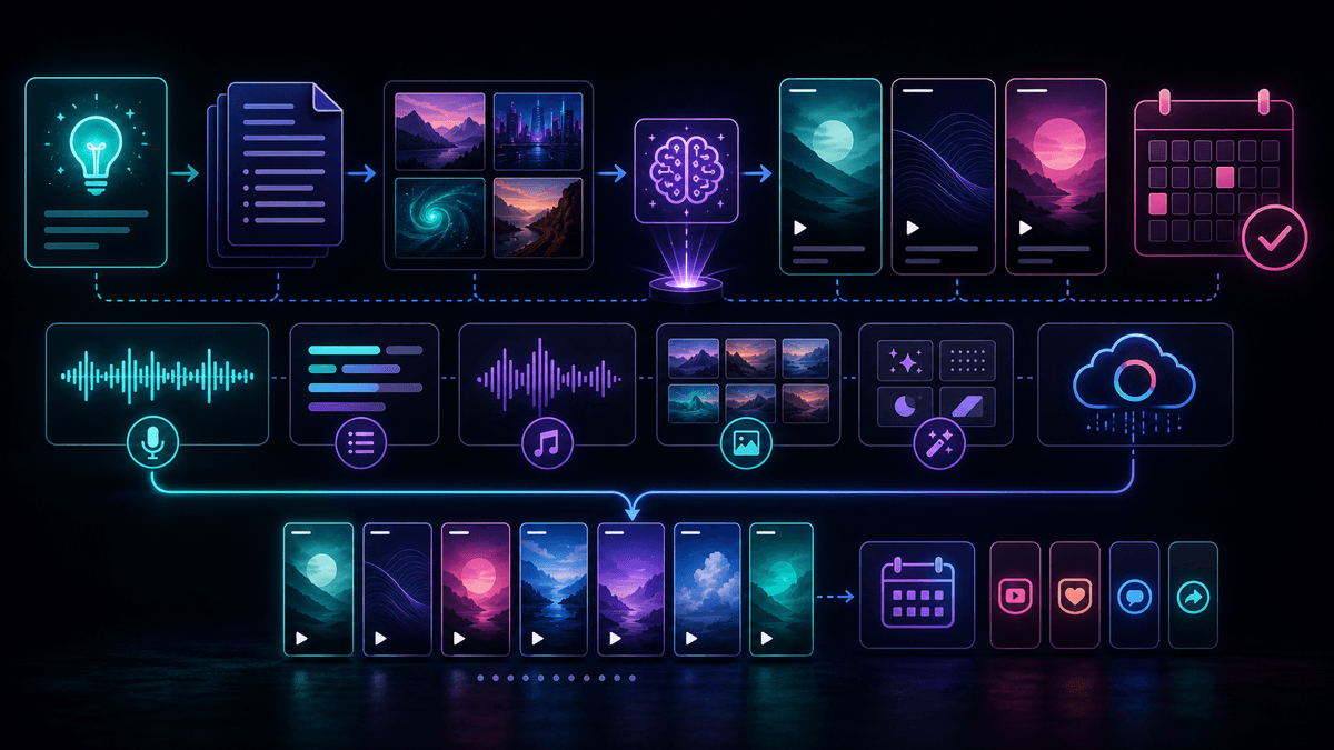 Source-linked visual showing a prompt-to-video faceless series workflow with scripts, visuals, voiceover, captions, rendering, and scheduling