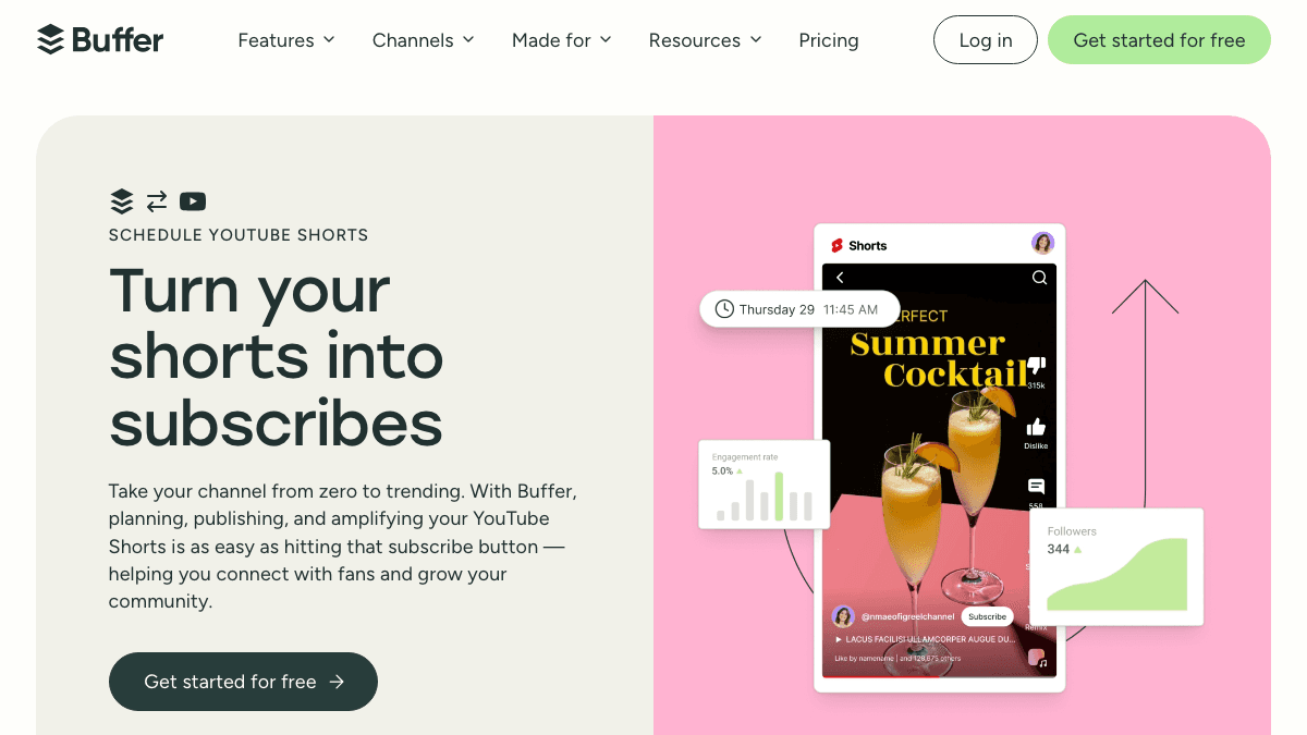 Source-backed screenshot of Buffer's YouTube Shorts scheduling product page showing Shorts planning and publishing positioning