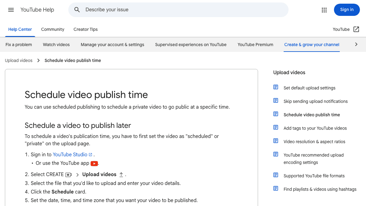 Source-backed screenshot of YouTube Help showing the schedule video publish time article for scheduling private uploads