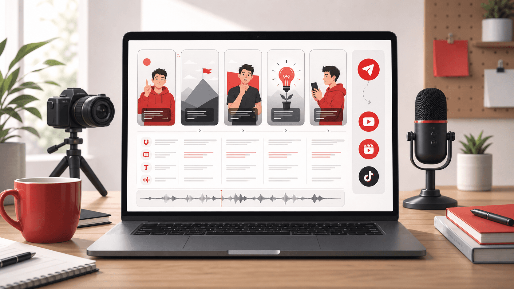 Editorial illustration showing a creator workspace with YouTube Shorts storyboard cards, hooks, captions, and a short-form production workflow