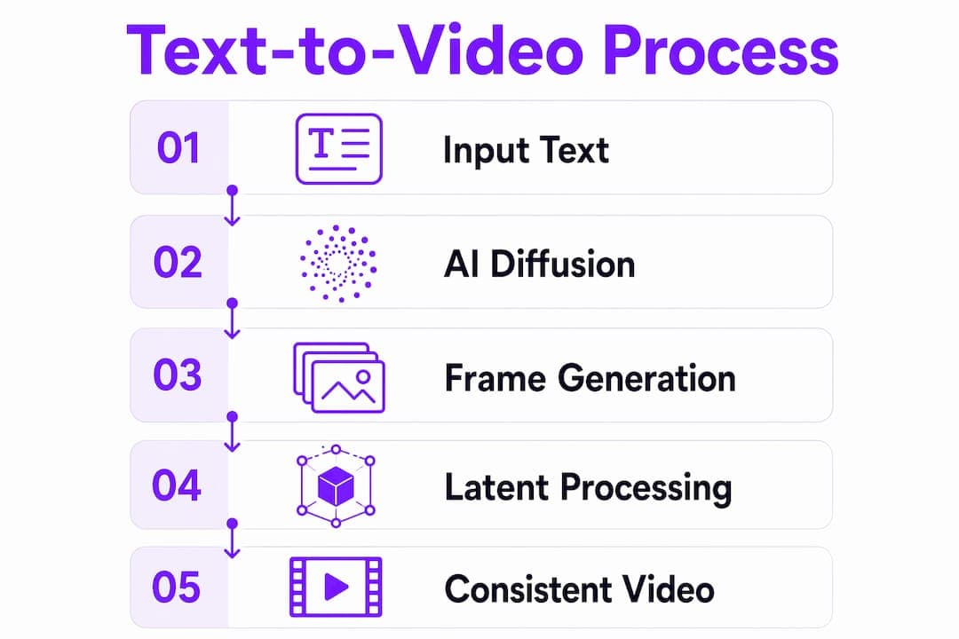 Infographic illustrating text-to-video AI process steps