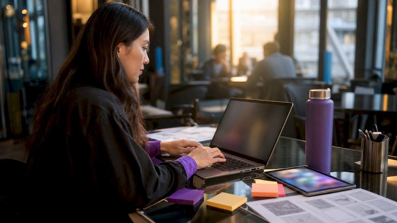 Woman working on AI video automation software at home desk