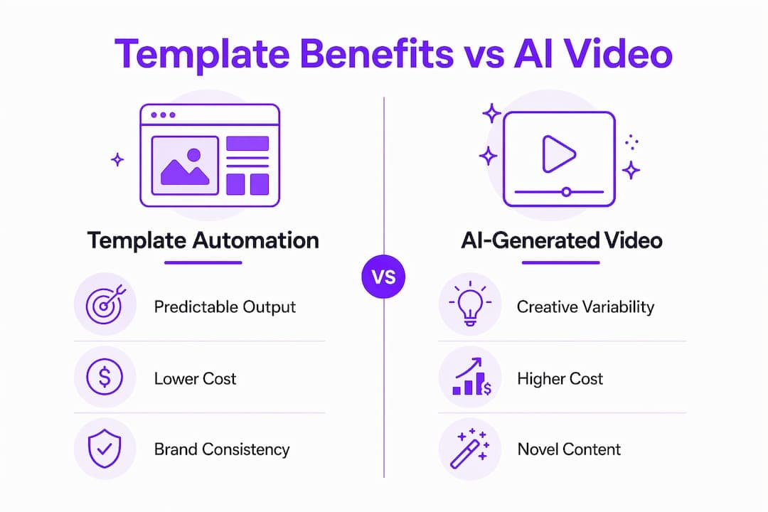 Infographic comparing template automation and AI-generated video
