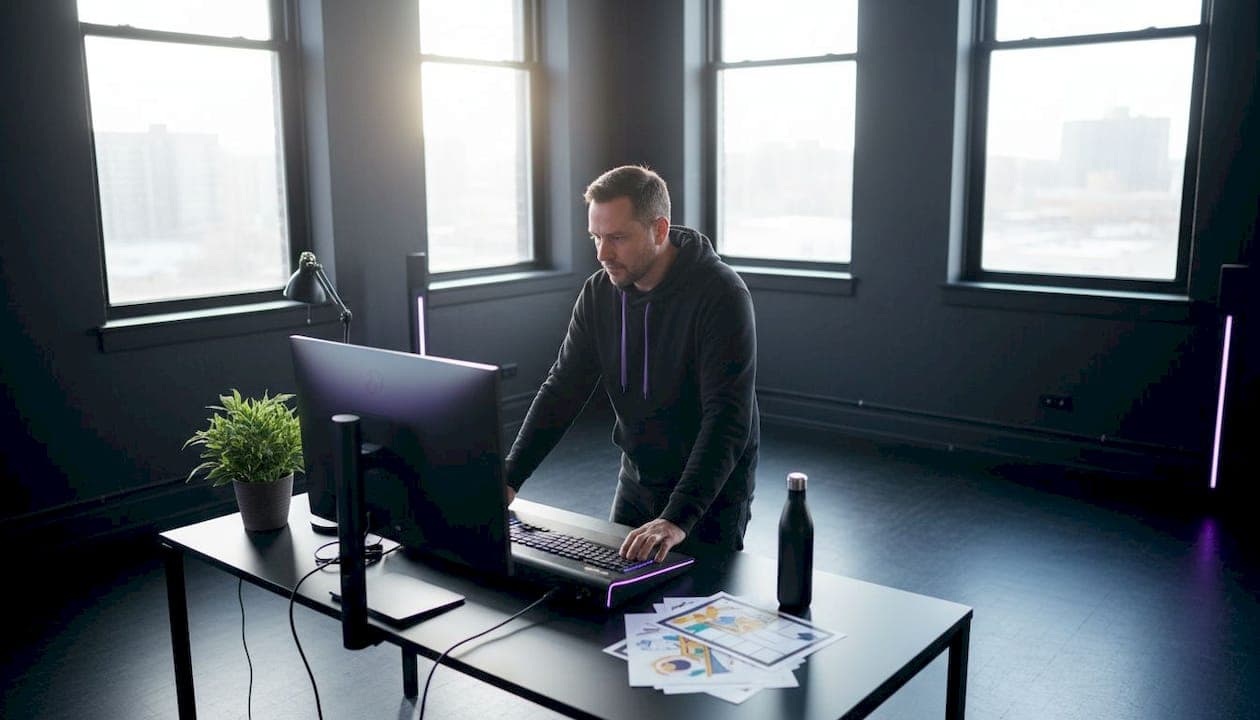 Video editor working at home desk on template automation