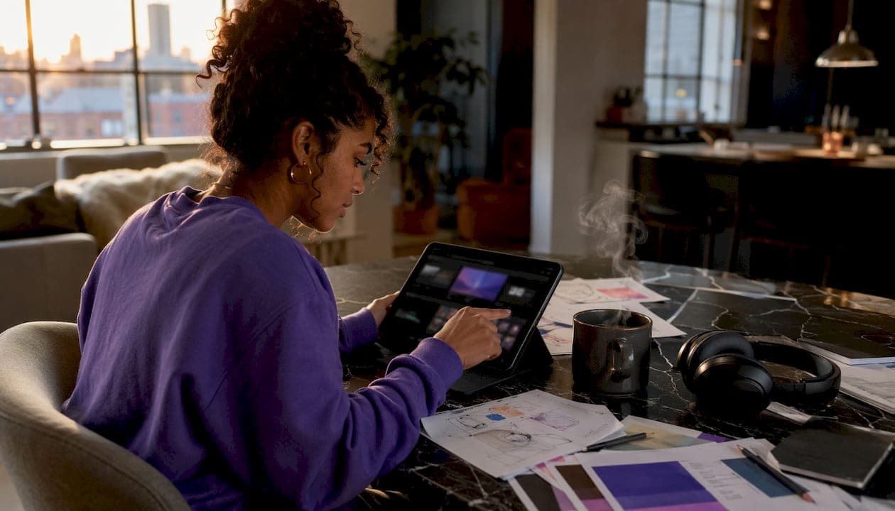 Woman using video templates on tablet