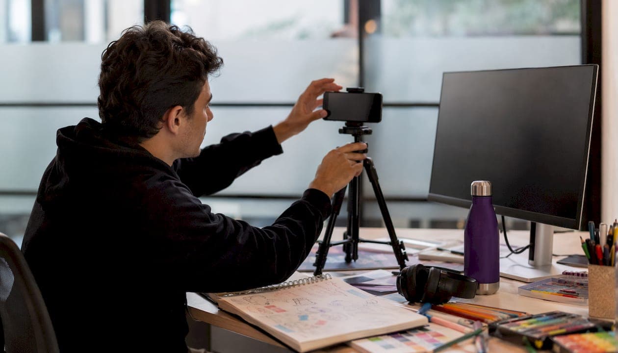 Hands adjusting smartphone tripod for video sizing