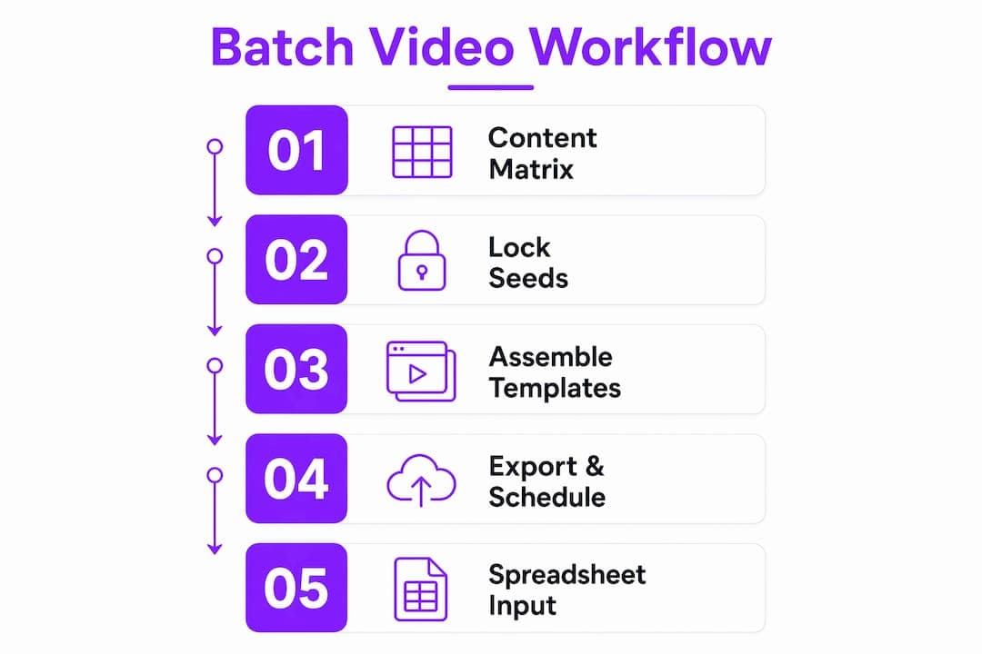 Infographic showing batch video creation workflow steps
